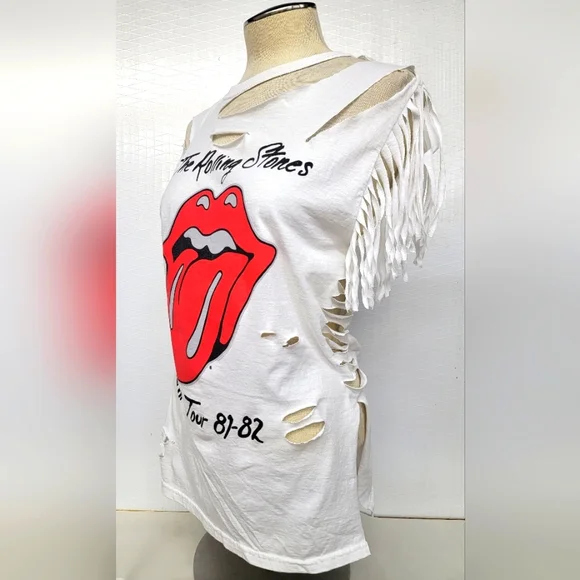 Rolling Stones fringe Shred Tee Upcycled Retro Band Merch - Picture 7 of 9